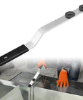 16 Inch Duct Stretcher Tool For HVAC Ductwork Alignment With Offset Handle And Sliding Washers, heavy duty metal tool shown in use.