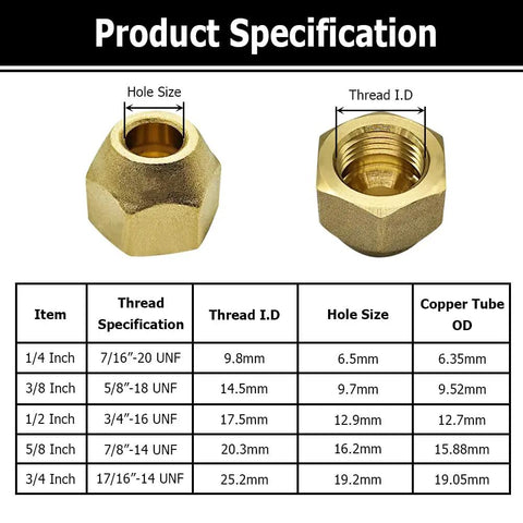 Five Eighths Inch Brass Flare Nut Set Two Pack SAE 45 Degree Flare Tube Fittings specification chart with dimensions