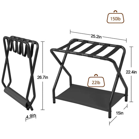 Heavy Duty Foldable Luggage Rack Set Of Two Built Tough Metal Suitcase Stands For Travelers Non Slip Nylon Straps Compact Portable Bag Holders For Guest Rooms Keeps Your Gear Neatly Elevated No Sweat Setup Required Ever