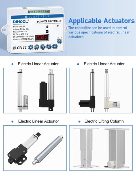 DIHOOL DC motor controller for electric actuators with LED display, shown with multiple actuators and a lifting column.