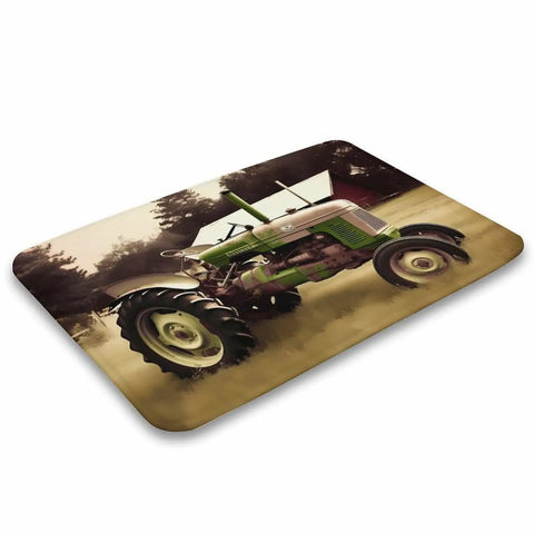 Thick Soft Absorbent Old Tractor Photo Farm Bath Rug With Non Slip Backing in rustic field, eco-friendly bathroom mat.