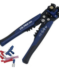 Top Shelf Automatic Wire Stripper Crimper And Cutter Handy Multi Tool With Adjustable Insulated Grip and full range terminal kit on a white background.