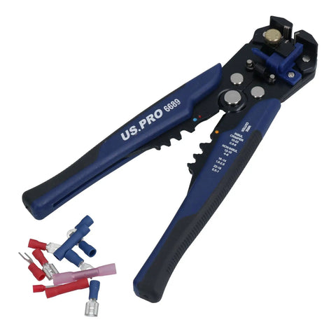 Top Shelf Automatic Wire Stripper Crimper And Cutter Handy Multi Tool With Adjustable Insulated Grip and full range terminal kit on a white background.