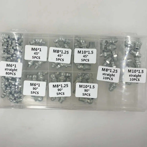 Premium 260 Pc Grease Fitting Assortment Kit With Storage Box Featuring Galvanized Iron Zerk Nipples In 90, 45 Degree Angles And Straight Styles For Bearings Plus Mechanical Assemblies To Keep Your Rides Running Smooth As Butter., M6 M8 M10 grease fitting kit in storage box