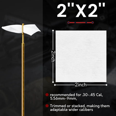 2 Inch Gun Cleaning Patches Box For 22 Caliber To 45 Caliber And Five Five Six And Nine Millimeter Firearms With High Absorbency Cotton Lint Free Patches For Oil Carbon Fouling Rust And Lubricant Removal showing patch size and usage instructions.