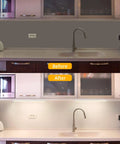Before and after installation of Plug In Under Cabinet Light Kit 3 Pack 12 Inch LED Light Bars 4000K Natural White Dimmable With Touch Dimmer Bright LED Strip For Kitchen Cabinets Counters Desks Workbenches Shelves Closets Garage in a modern kitchen showing enhanced lighting.