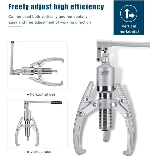 Straight Up Heavy Duty Hydraulic Gear Puller And Hub Separator With 20 Ton Grip And Adjustable Two Or Three Jaw Config shown in vertical and horizontal use.