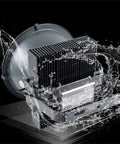 Heavy Duty Portable Floodlight And Spotlight Kicking Out Blindingly Bright Led Beams For Outdoor Construction Sites IP66 Weatherproof Rechargeable Work Lamp Built Tough As Nails splashed with water, showing rugged waterproof design.