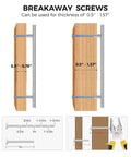 Installation diagram for brushed nickel cabinet handles showing breakaway screws for thickness 0.5 to 1.57 inches.