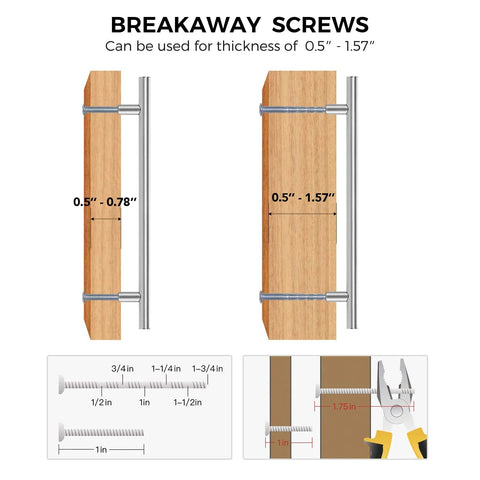 Installation diagram for brushed nickel cabinet handles showing breakaway screws for thickness 0.5 to 1.57 inches.