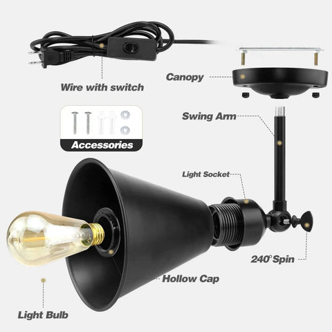 Plug In Black Metal Swing Arm Wall Sconce 2 Pack Industrial Vintage Style Wall Lamp Fixture With On Off Switch And E26 Base