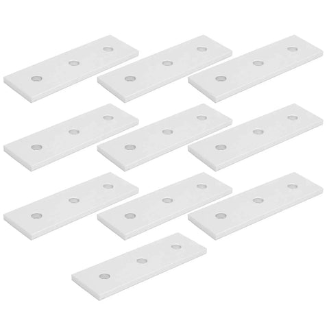 Heavy Duty Aluminum Joining Plates For Wood 3 Hole Flat Connectors 10 Pack Structural Reinforcement Splice Brackets viewed from an angle.