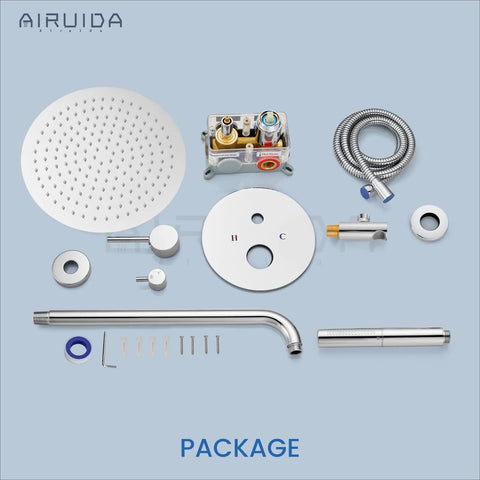 Complete set of High Pressure 12 Inch Rainfall Shower Head Set With Boss-Grade Brass Rough-In Valve, Wall Mounted, Chrome Finish.
