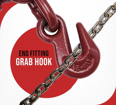 Heavy Duty Ratchet Chain Binder Set Five Sixteenth To Three Eighth Inch Chain With Grab Hooks 5400 Lbs Working Load Limit close-up of grab hook