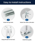 Easy installation steps for Top Shelf White Sliding Closet Door Kit For 128 By 80 Inch Openings with clear visuals.