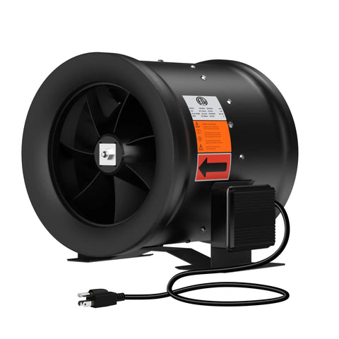 Front view of black 12 inch inline duct fan, heavy duty iron build, 3450 RPM, ETL listed, with power cord, for quick ventilation.
