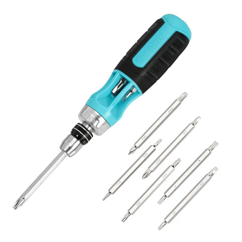 Ratcheting Screwdriver 12-In-1 Kit With Quick-Load Bits, shown with interchangeable bits and storage in handle design.