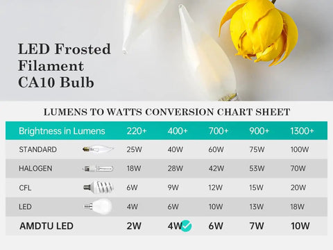 LED Frosted Filament CA10 Bulb with Lumens to Watts Conversion Chart and Yellow Flower