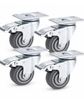 Set Of Four 3 Inch TPR Swivel Plate Casters With Dead Quiet Foot Brakes and Zero Drag Non Marking Rubber Tread for smooth mobility.
