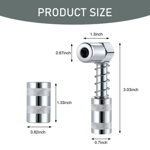 90 Degree Grease Coupler Adapter Two Pack, Heavy Duty Steel Grease Gun Fittings With Sleeves, 3 Jaw Angle Swivel Right Fittings dimensions