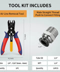 Cool Get This 11 Piece Air Line Removal Tool Kit With Quick Connect Release Wrench For 1/4 And 5/16 Inch Fittings Plus Ten Male Npt Push Fittings That Totally Make DIY Piping A Breeze Without Breaking The Bank Or Your Back. air line removal tool and 1/4" male NPT push fitting