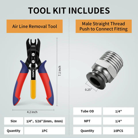 Cool Get This 11 Piece Air Line Removal Tool Kit With Quick Connect Release Wrench For 1/4 And 5/16 Inch Fittings Plus Ten Male Npt Push Fittings That Totally Make DIY Piping A Breeze Without Breaking The Bank Or Your Back. air line removal tool and 1/4" male NPT push fitting