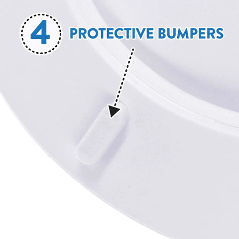 Close-up of Soft Cushioned Desert White Toilet Seat With Plush Padding for Comfort, showing one of four protective bumpers.