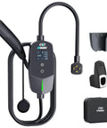 Rock Solid Level 2 Electric Vehicle Charger For Tesla Compatibility Featuring 25 Foot Cable Nema 14 30 Plug 24A Output and accessories.