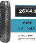 26x4.0 Inch Beefy Fat Bike Tire And Tube For Electric Bikes Foldable Replacement Tire All Terrain Mountain Snow Urban City Street Road Bicycle Anti Puncture Layer Durable Nylon And Rubber Construction, 26x4.0 tire size shown