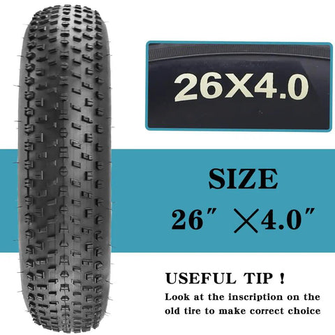 26x4.0 Inch Beefy Fat Bike Tire And Tube For Electric Bikes Foldable Replacement Tire All Terrain Mountain Snow Urban City Street Road Bicycle Anti Puncture Layer Durable Nylon And Rubber Construction, 26x4.0 tire size shown