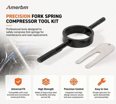 Heavy Duty Motorcycle Fork Spring Compressor Tool Kit For Universal Fit On Conventional And Inverted Forks Pro Grade DIY Maintenance For Seal Replacement And Oil Change On Sport Dirt And Street Bikes, showing black compressor ring and silver rod plate on promotional graphic.