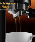 Quick Draw Espresso Machine With On Deck Milk Frother, 20 Bar Pump for rich pulls producing espresso into a white cup.