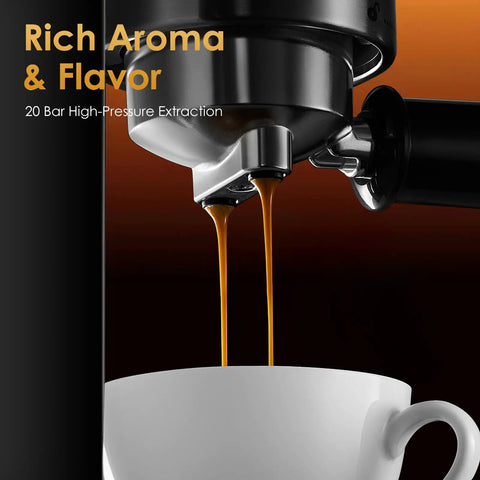 Quick Draw Espresso Machine With On Deck Milk Frother, 20 Bar Pump for rich pulls producing espresso into a white cup.