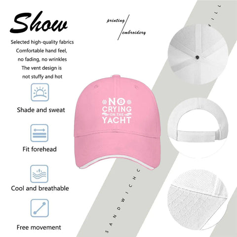 Image of a pink breathable cap with six vent eyelets, low profile unstructured hat for women and men. "No Crying on the Yacht" embroidery visible.