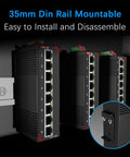 8 Port PoE Gigabit Industrial Ethernet Switch With 96W 48V Output, mounted on 35mm DIN rail, showing ports and installation