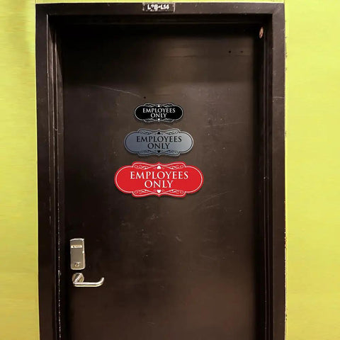 Three employees only signs in different colors on a door. Employees Only Sign For Offices And Shops In Brushed Gold Finish Large Size Easy To Install Workplace Safety Sign For Restricted Areas In Busy Workspaces.