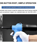 Full Auto Pneumatic Hydraulic Rivet Nut Gun Set M3 To M12 One Click Reversal 7Mm Stroke, hands-on operation showcasing rivet application.