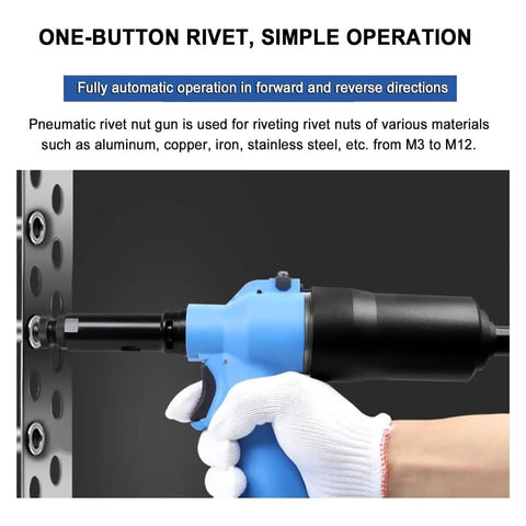 Full Auto Pneumatic Hydraulic Rivet Nut Gun Set M3 To M12 One Click Reversal 7Mm Stroke, hands-on operation showcasing rivet application.