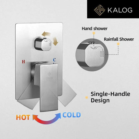 Rain Shower System With Jets And Handheld Sprayer, Brass Shower Faucet Set With 12 Inch Brushed Nickel Overhead Rain Shower Head, Air Infused Water For Powerful Natural Rain Experience And Easy Single Handle Hot Cold Control, showing control with hot cold indicators