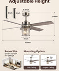 TALOYA 52" Farmhouse Ceiling Fan with Light and Remote,Rustic Style, adjustable height, metal frame, textured glass shade, dimensions shown.