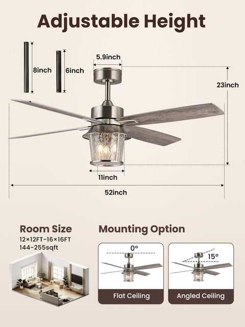 TALOYA 52" Farmhouse Ceiling Fan with Light and Remote,Rustic Style, adjustable height, metal frame, textured glass shade, dimensions shown.