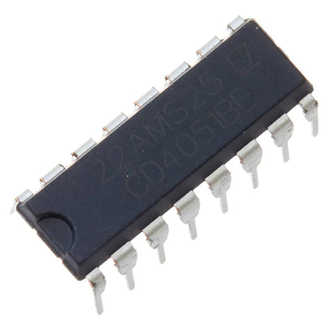 CD4051 8 Channel CMOS Analog Multiplexer Demultiplexer IC in DIP-16 package, showing pins and markings, for DIY electronics