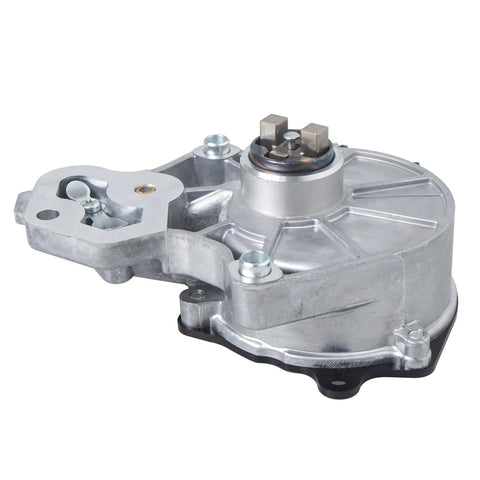 Brake vacuum pump, side view; aluminum housing with mounting bracket and dual electrical terminals.