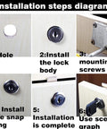 Installation steps for Solid As A Rock Zinc Alloy Square Cabinet Lock showing keyhole and snap ring set up.