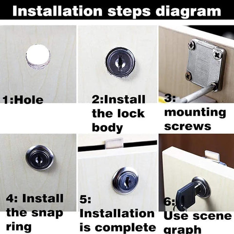 Installation steps for Solid As A Rock Zinc Alloy Square Cabinet Lock showing keyhole and snap ring set up.