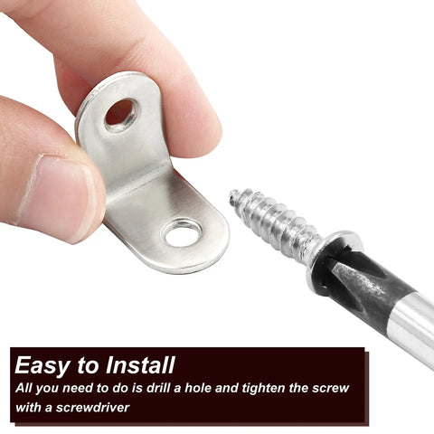Heavy Duty Stainless Steel L Brackets Corner Braces 1 Inch Angle Connectors With Screws 20 Pack held by a hand with screws.