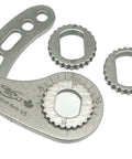 Universal Ebike Torque Arm V5 For Front Or Rear Motors With 12mm, 14mm, And 16mm Axles And Threaded Eyelet Near Axle, Stainless Steel 3mm Body, Flexible Splined Insert For 50 Angle Positions, Easy Mount And Solid Protection. Stainless steel torque arm with 12mm, 14mm, and 16mm axle inserts