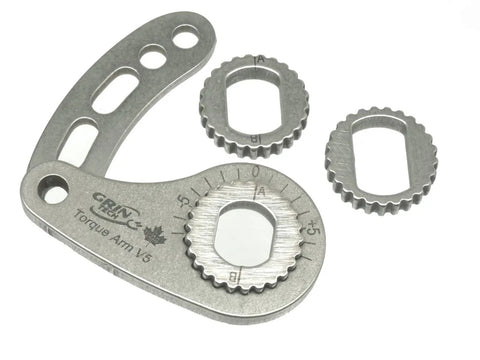 Universal Ebike Torque Arm V5 For Front Or Rear Motors With 12mm, 14mm, And 16mm Axles And Threaded Eyelet Near Axle, Stainless Steel 3mm Body, Flexible Splined Insert For 50 Angle Positions, Easy Mount And Solid Protection. Stainless steel torque arm with 12mm, 14mm, and 16mm axle inserts