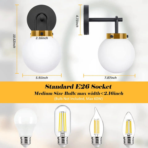 Two Pack Chic Modern Wall Sconces Matte Black And Gold With Milky Glass Globe Vanity Lighting and bulb compatibility