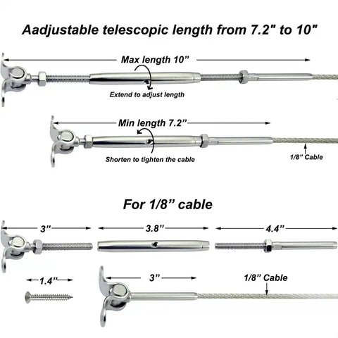 Stainless Steel Cable Railing Kit for 1/8 Inch Cable, 30 Pairs, T316 Marine Grade, 180 Degree Adjustable Turnbuckle Base diagram.